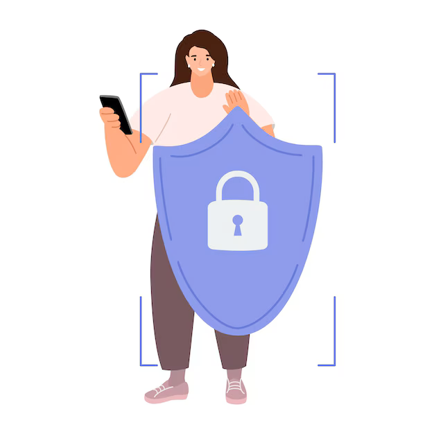 A professional woman reviewing digital documents with a shield icon, representing policy safety